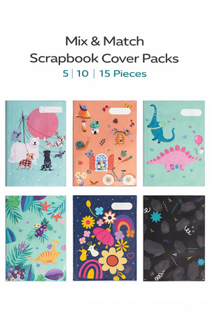 Mix and match reusable scrapbook book cover packs with multiple designs, available in 5, 10 or 15 piece bundles.