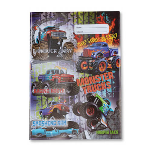 Front view of A4 Spencil Monster Trucks Book Cover