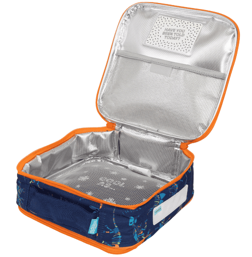 Open view of small Spencil Dino Bones lunch bag including chill pack