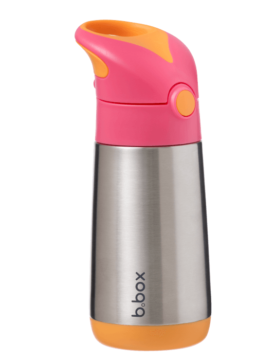 Side view of small b.box strawberry shake insulated water bottle 350ml