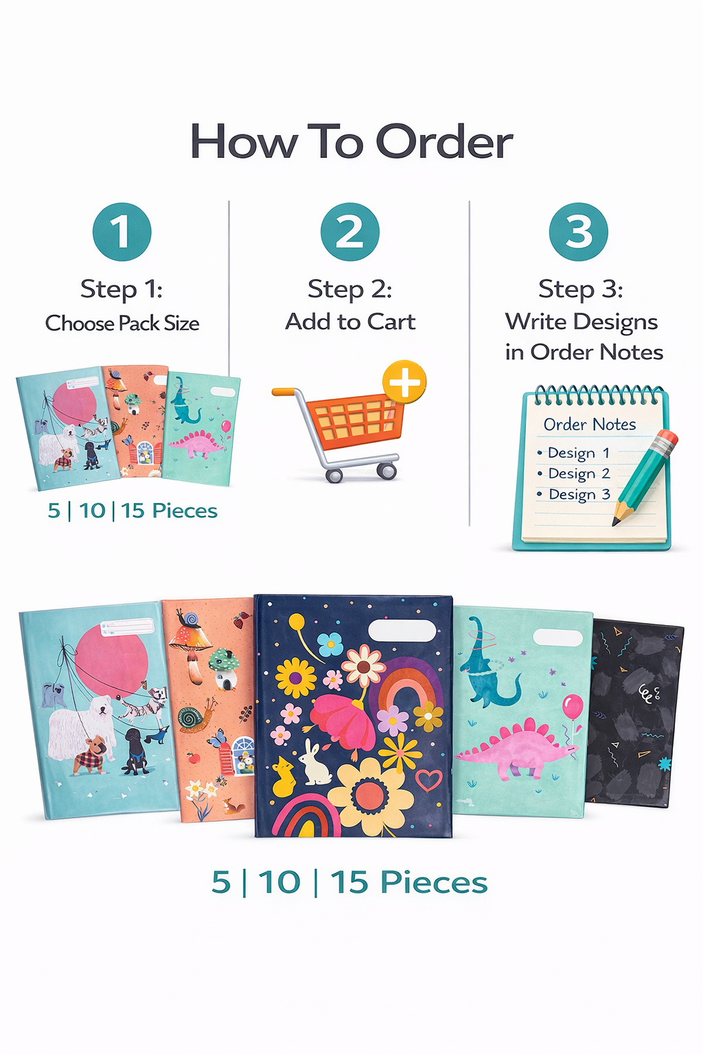 Mix and match reusable scrapbook book cover packs with multiple designs, available in 5, 10 or 15 piece bundles.