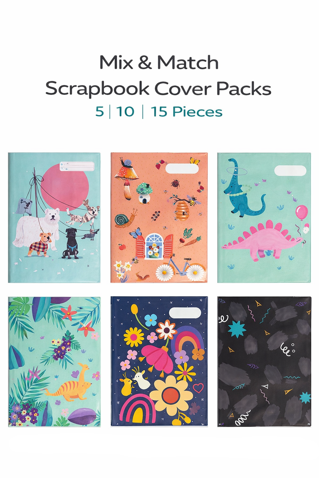Mix and match reusable scrapbook book cover packs with multiple designs, available in 5, 10 or 15 piece bundles.