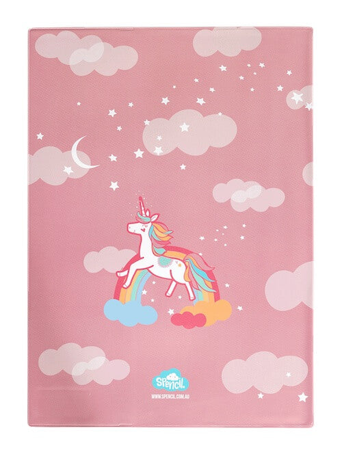 Front view of A4 Spencil Rainbow Unicorn Book Cover